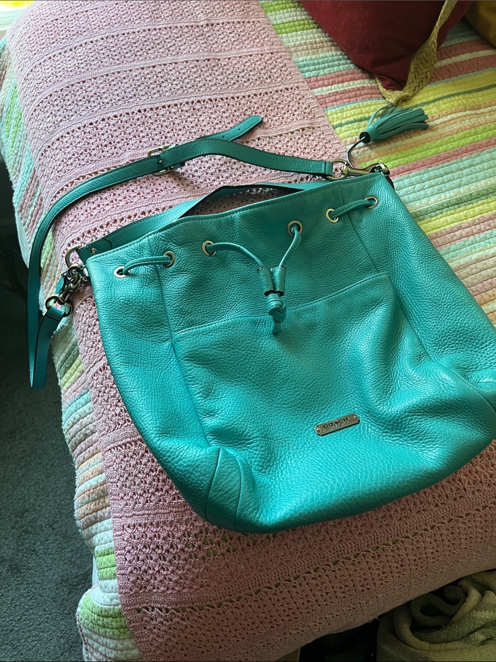 Coach Teal Pebbled Leather Drawstring Shoulder Bag with two handles